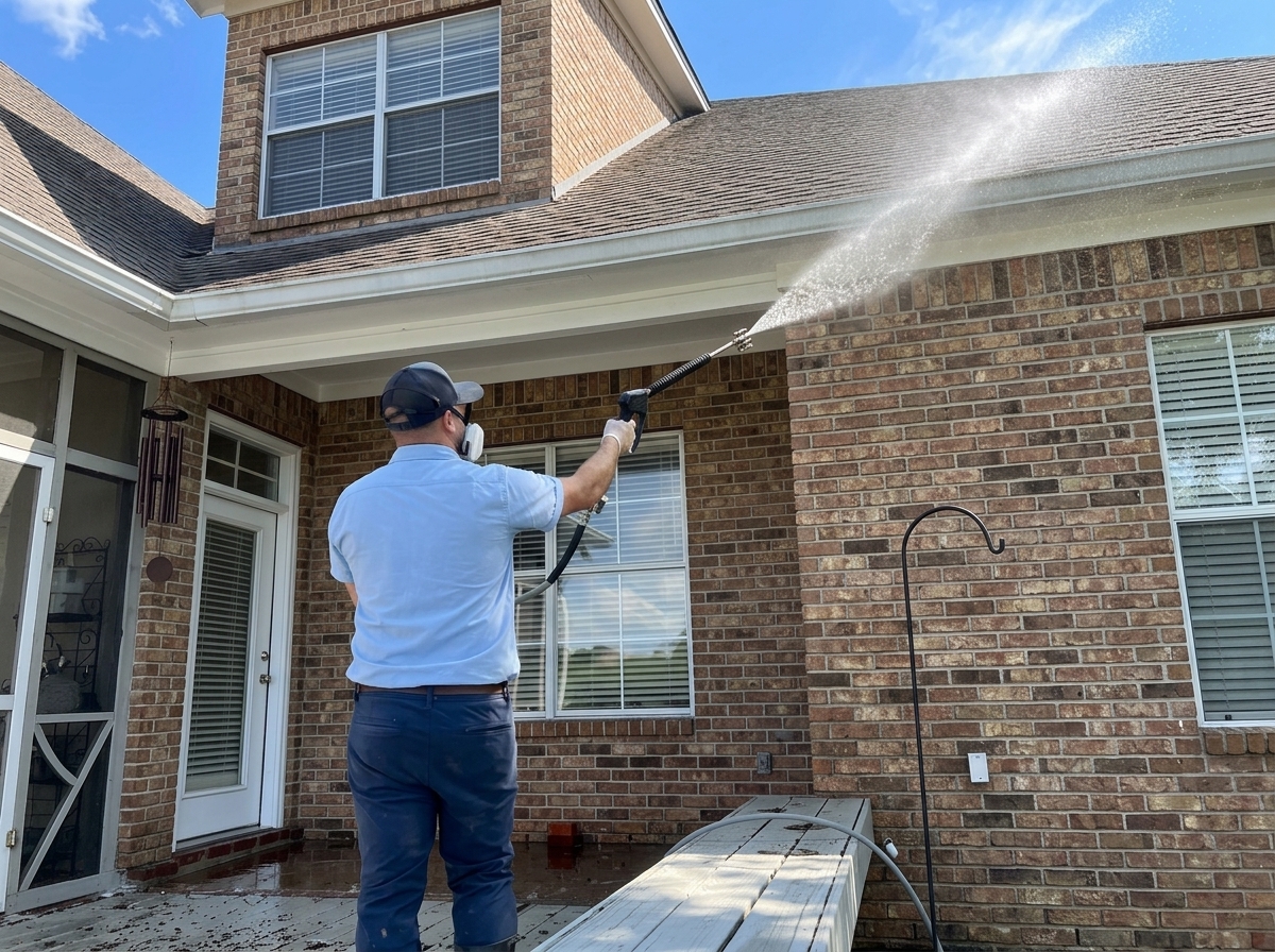 Technician pressure washing driveway