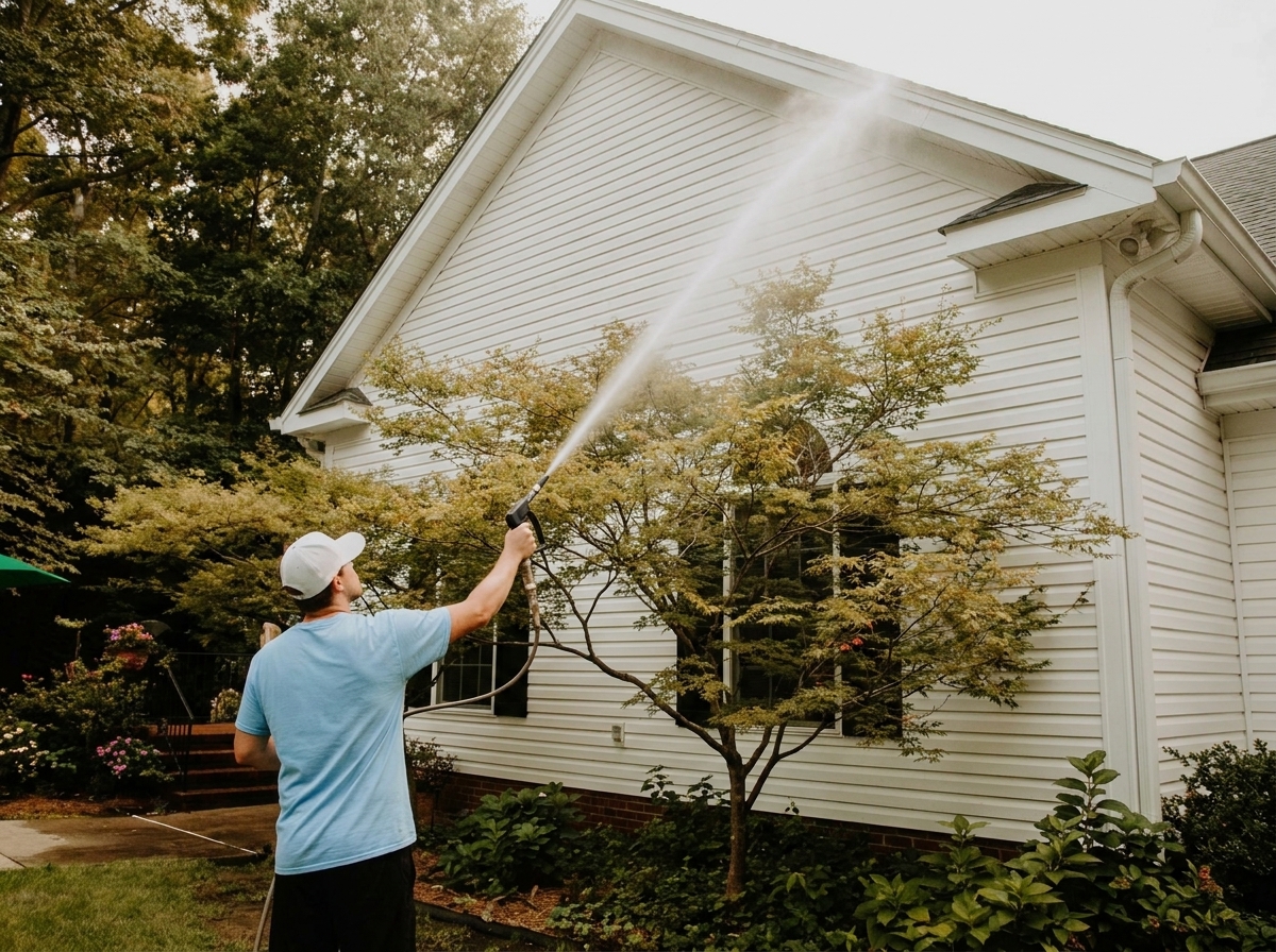 Soft washing exterior house siding
